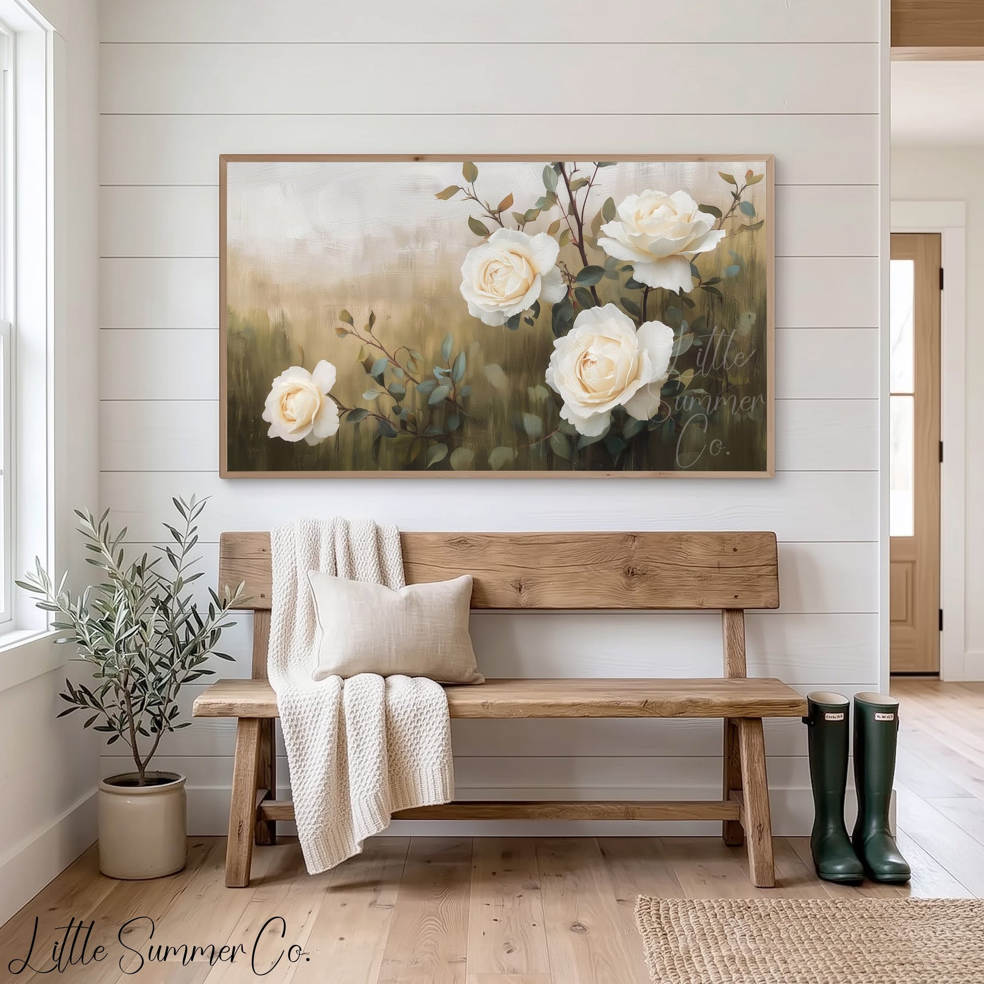 White Roses and Branches Frame TV Art displayed on a TV