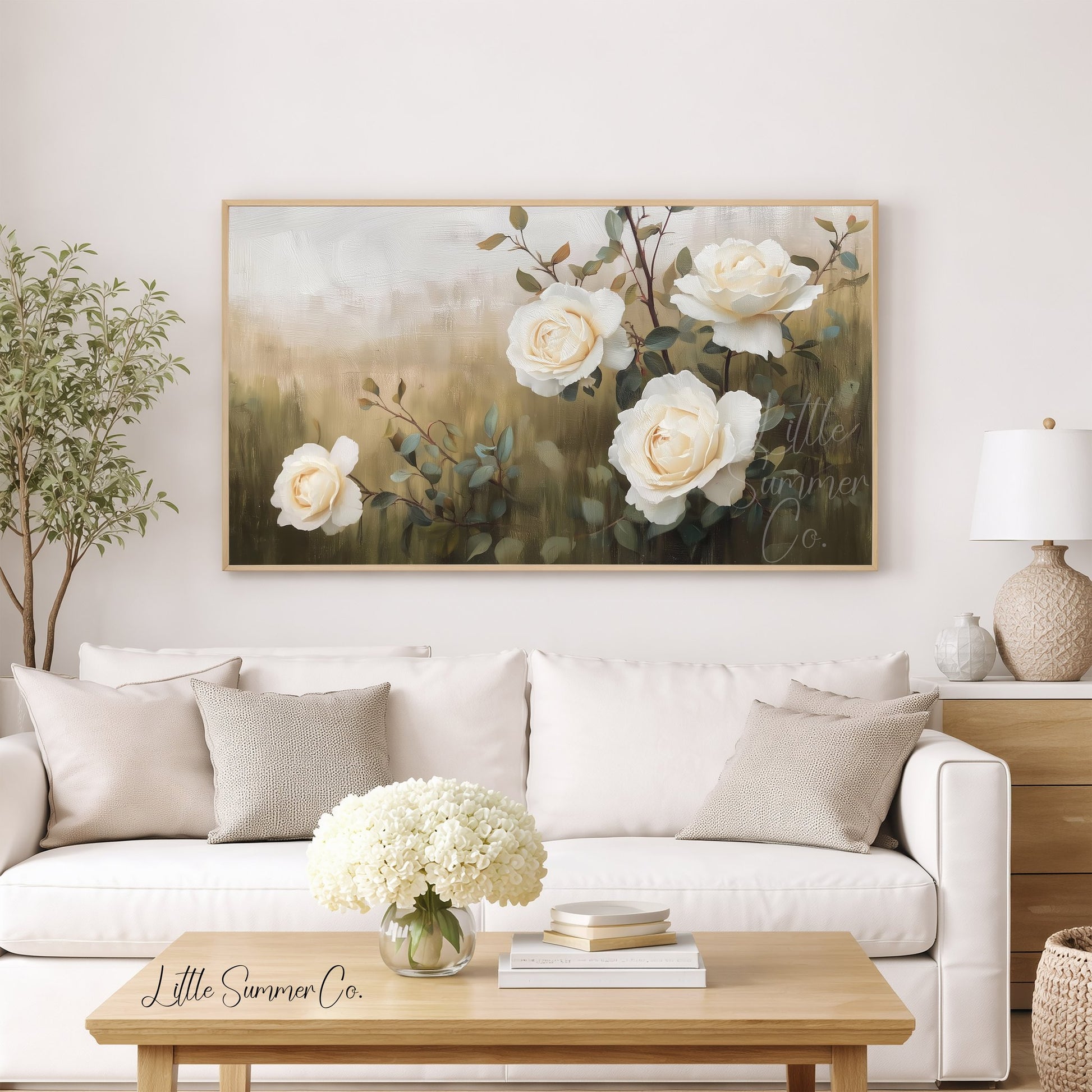 White Roses and Branches Frame TV Art displayed on a TV