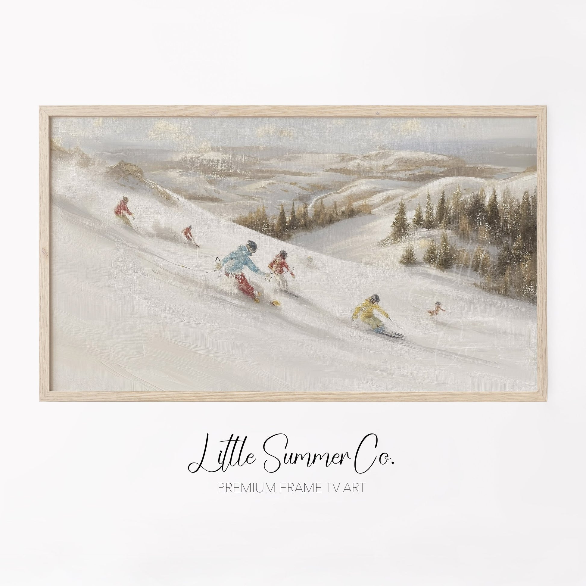 Skiers on Snowy Slope Frame TV Art displayed on a TV