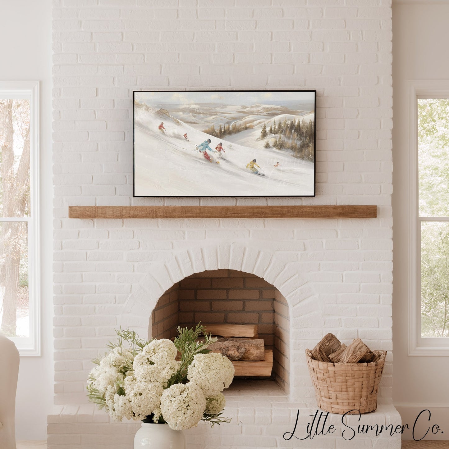 Skiers on Snowy Slope Frame TV Art displayed on a TV