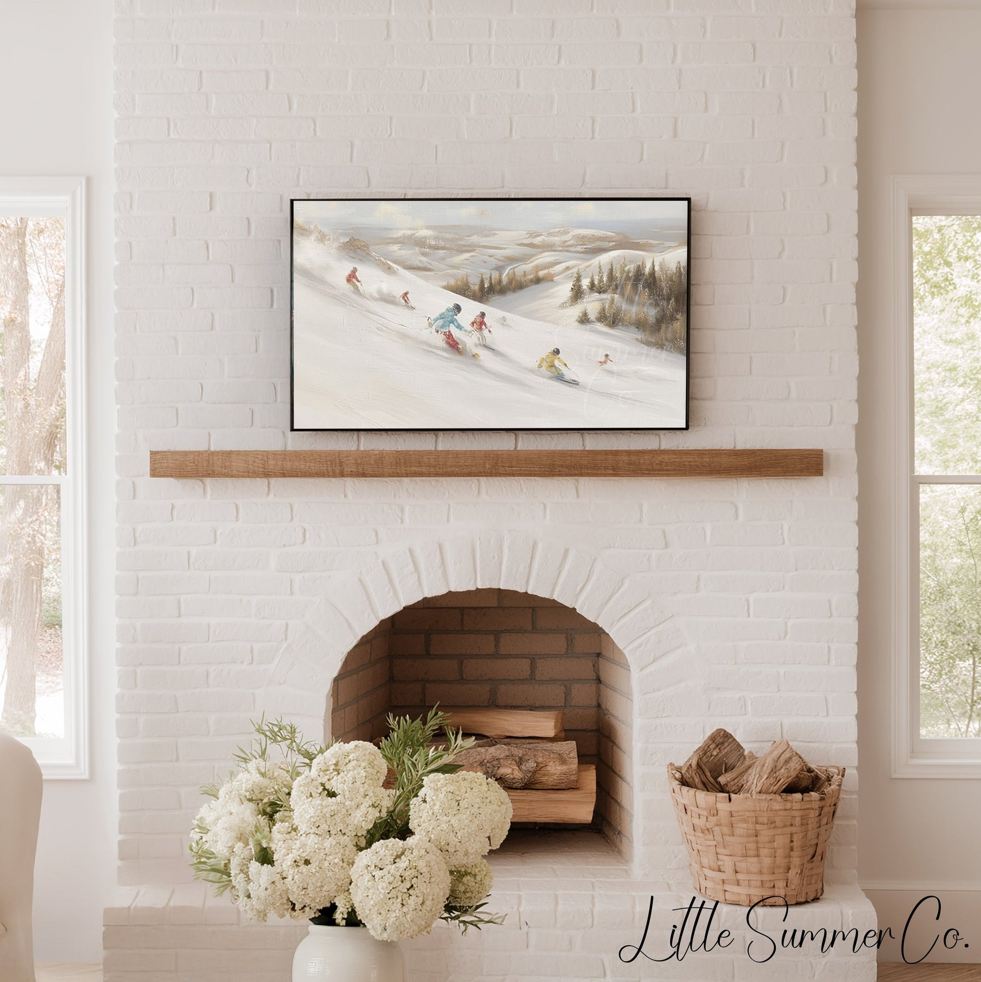 Skiers on Snowy Slope Frame TV Art displayed on a TV