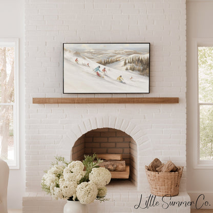 Skiers on Snowy Slope Frame TV Art displayed on a TV