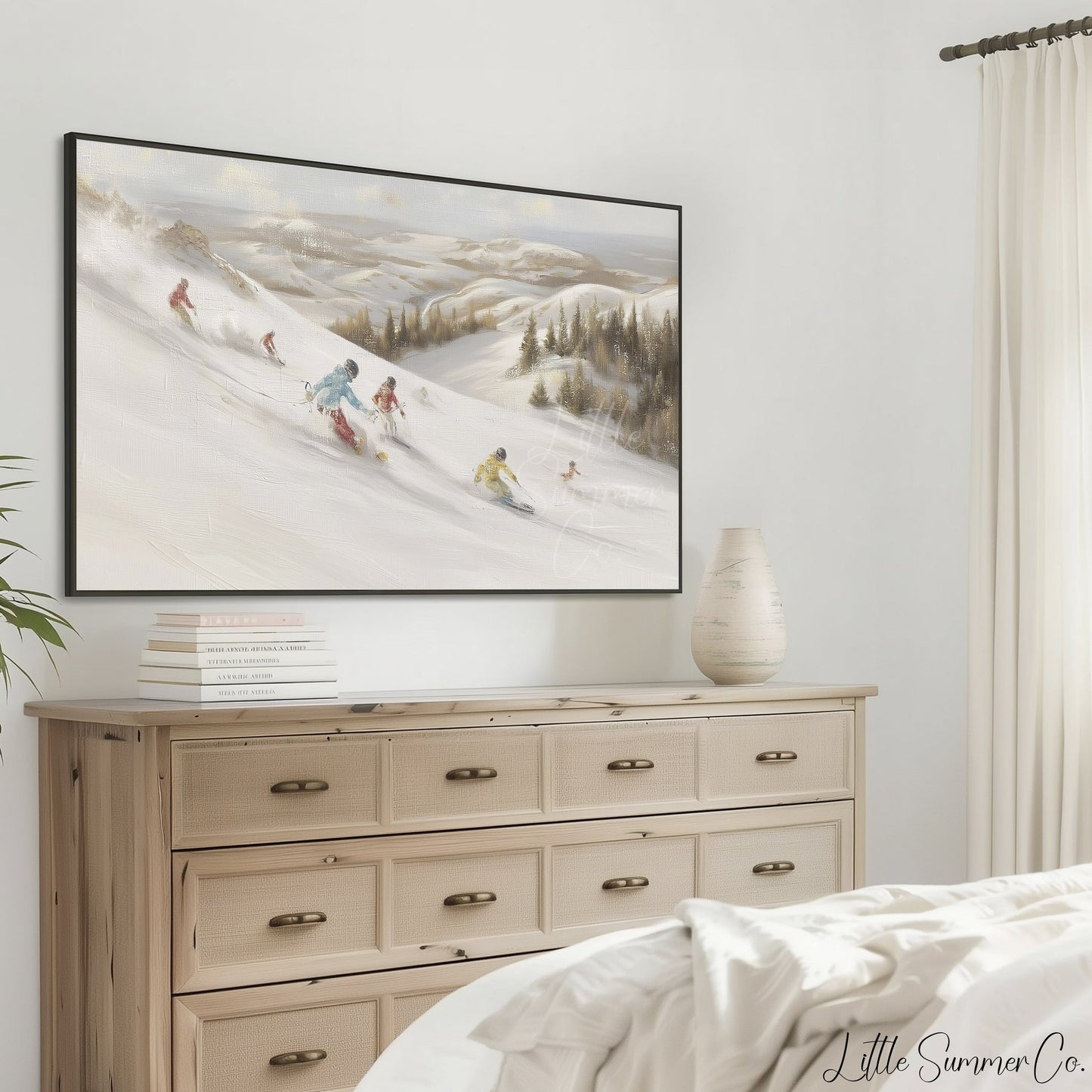 Skiers on Snowy Slope Frame TV Art displayed on a TV
