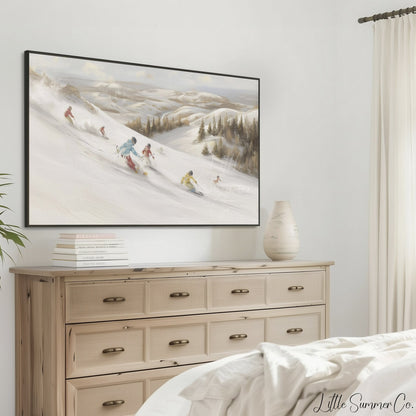 Skiers on Snowy Slope Frame TV Art displayed on a TV