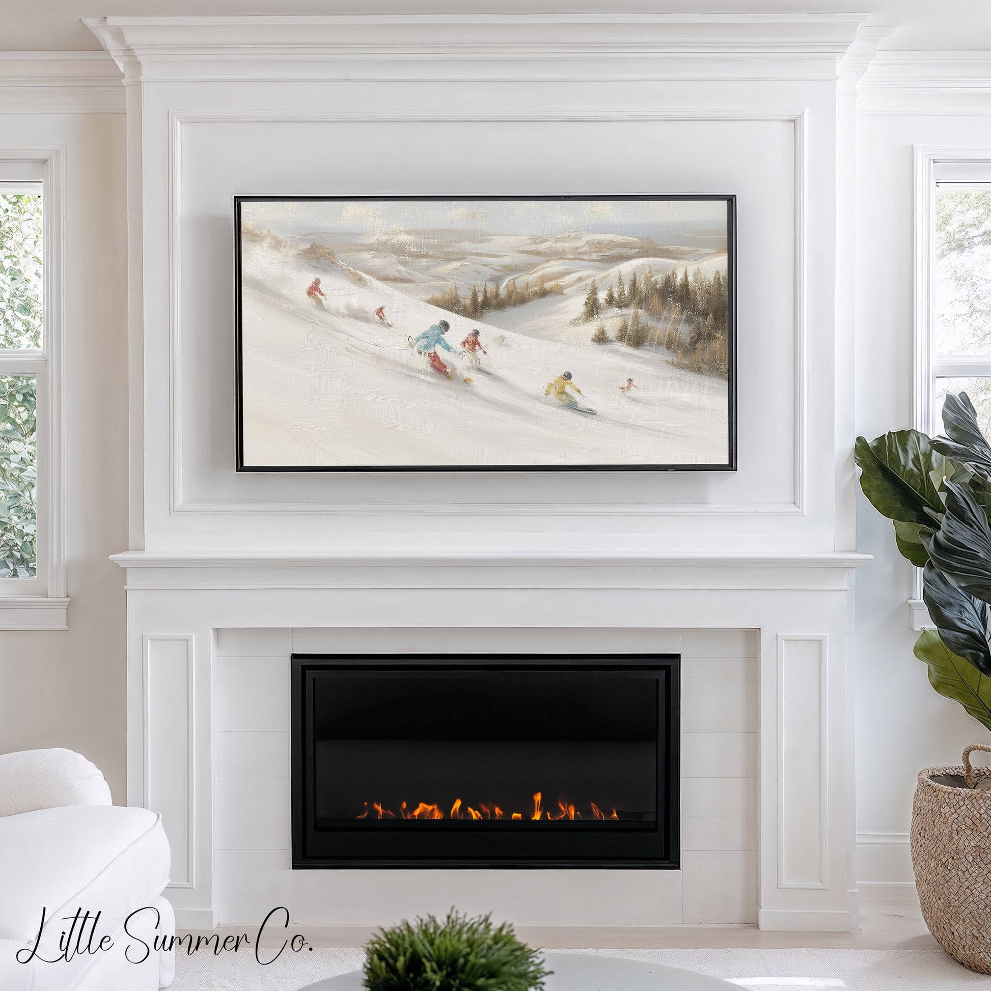 Skiers on Snowy Slope Frame TV Art displayed on a TV