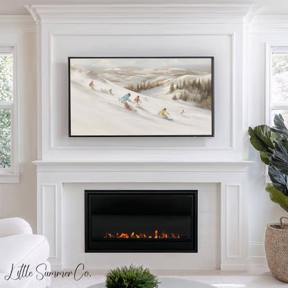 Skiers on Snowy Slope Frame TV Art displayed on a TV