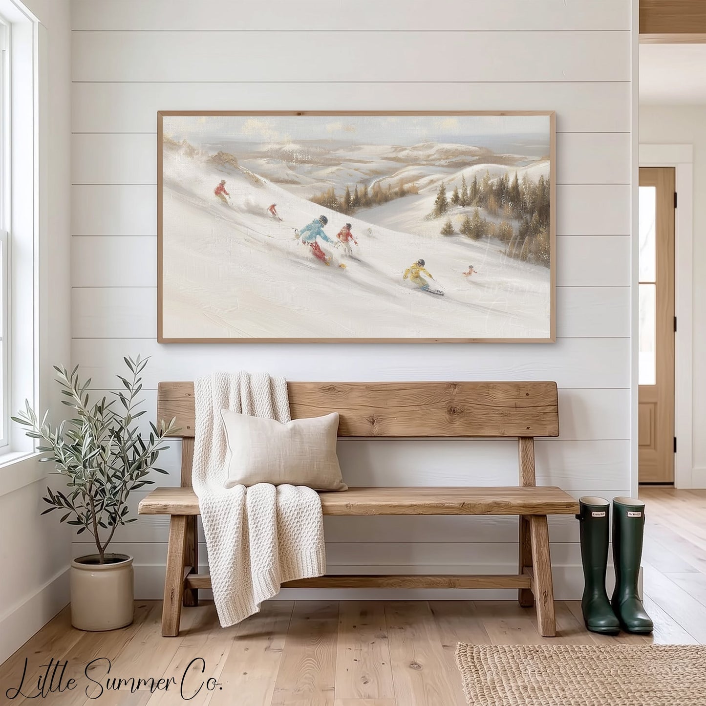 Skiers on Snowy Slope Frame TV Art displayed on a TV
