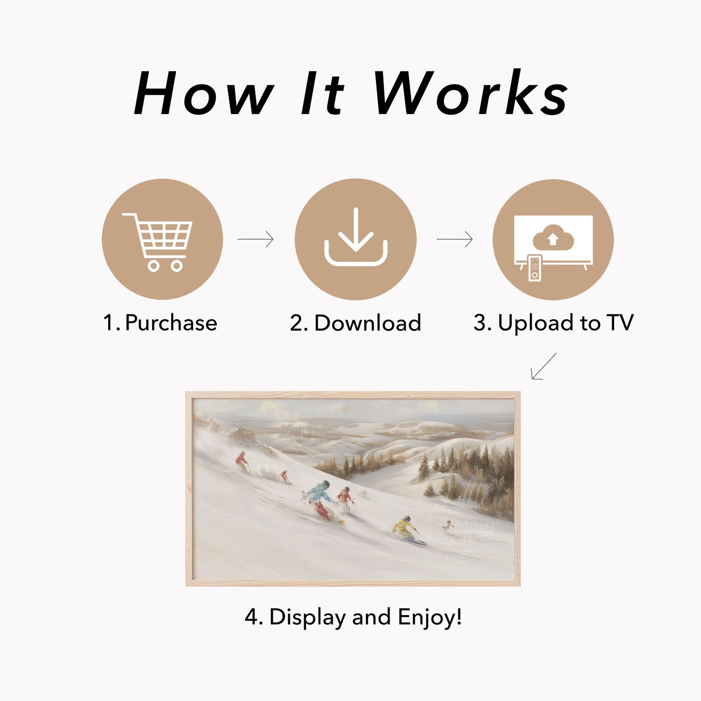 Skiers on Snowy Slope Frame TV Art displayed on a TV