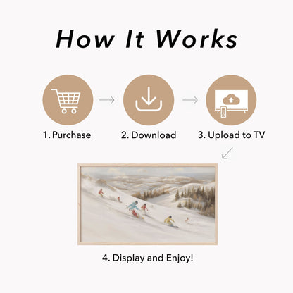 Skiers on Snowy Slope Frame TV Art displayed on a TV