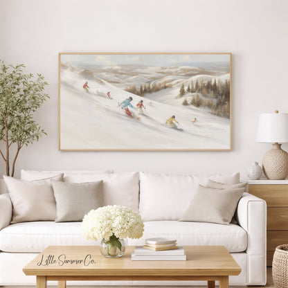 Skiers on Snowy Slope Frame TV Art displayed on a TV