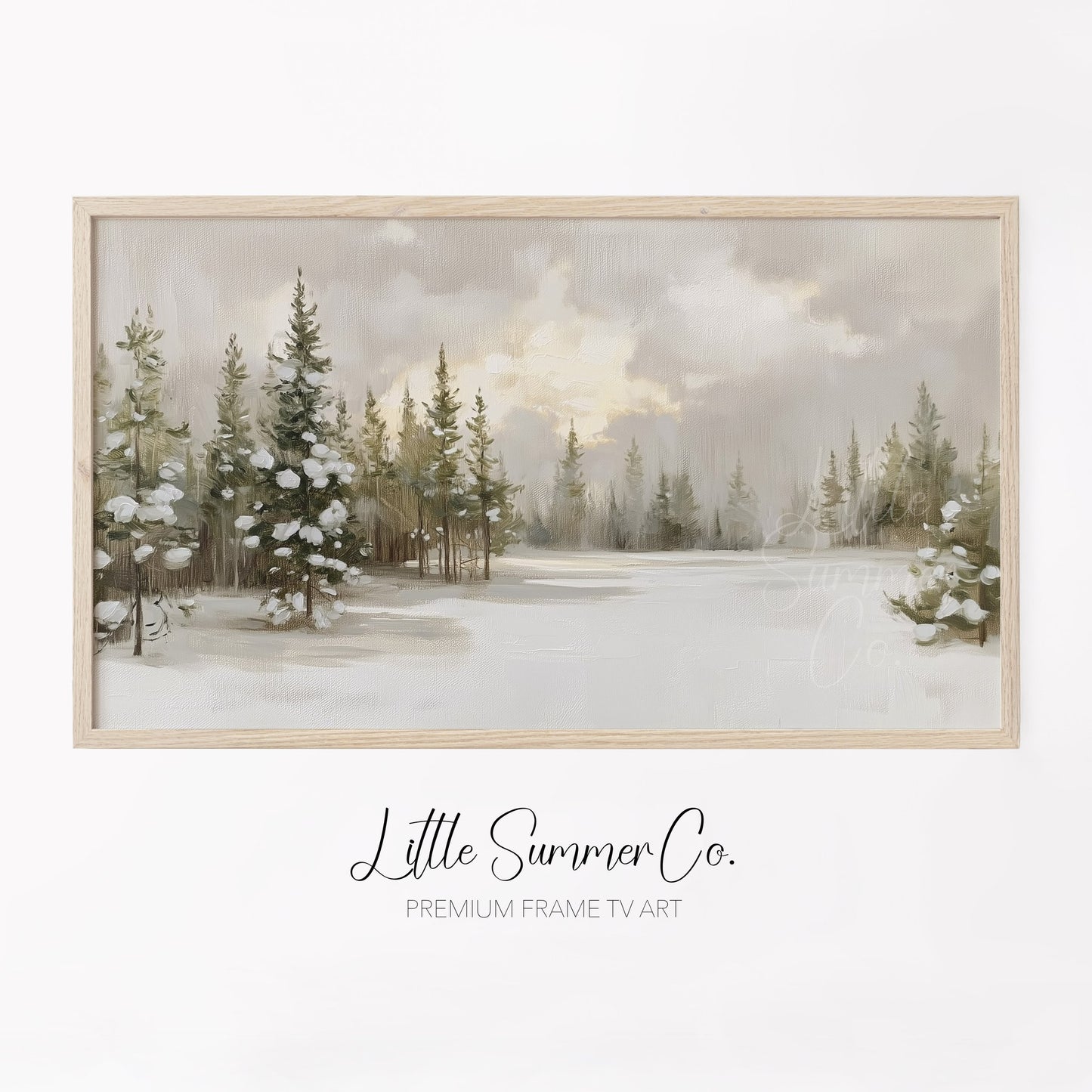 Snow Covered Pine Forest Frame TV Art displayed on a TV