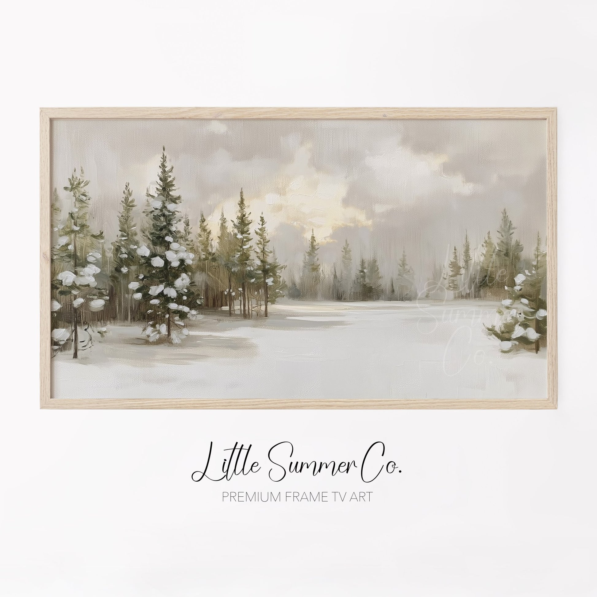 Snow Covered Pine Forest Frame TV Art displayed on a TV