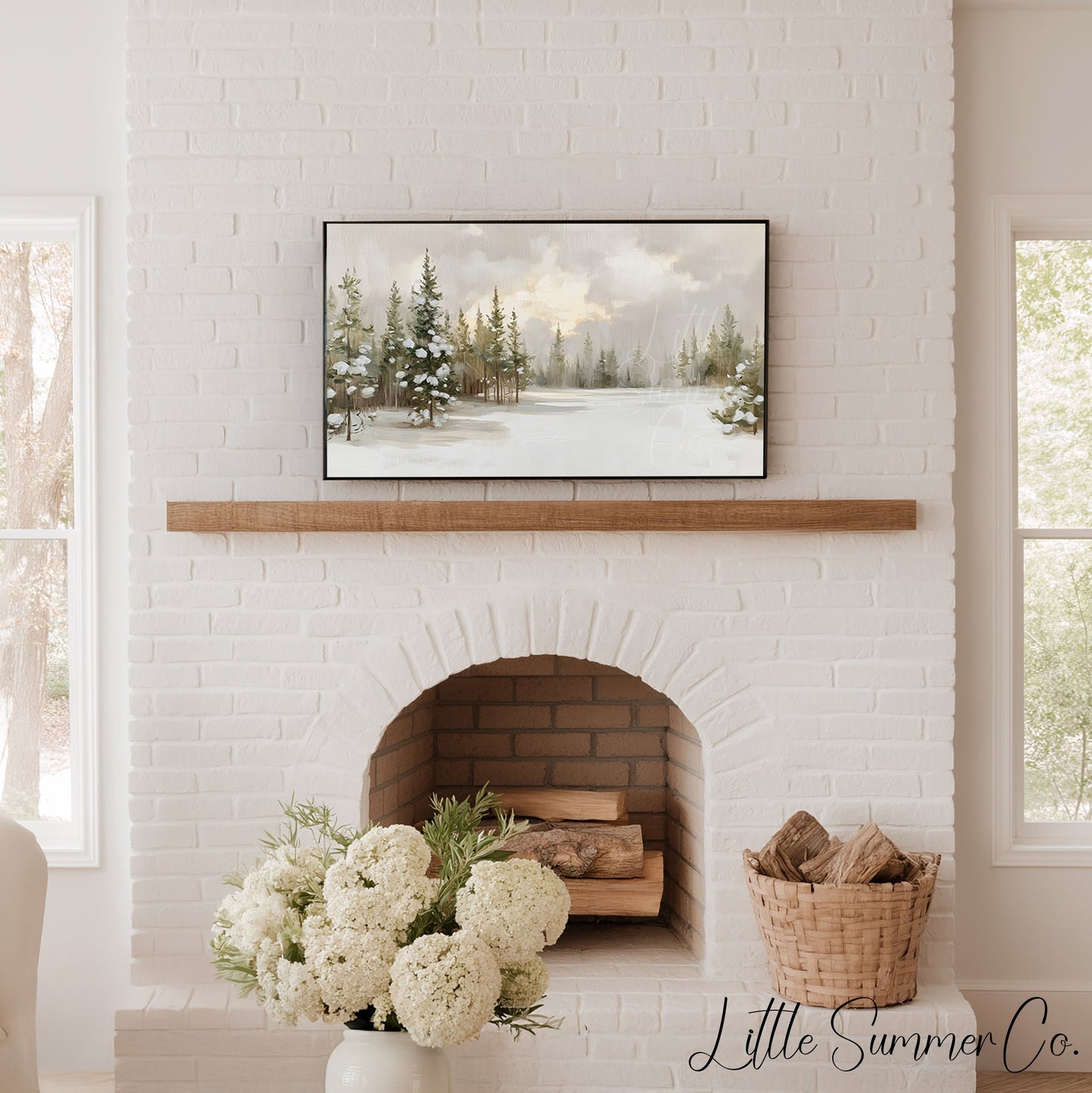 Snow Covered Pine Forest Frame TV Art displayed on a TV