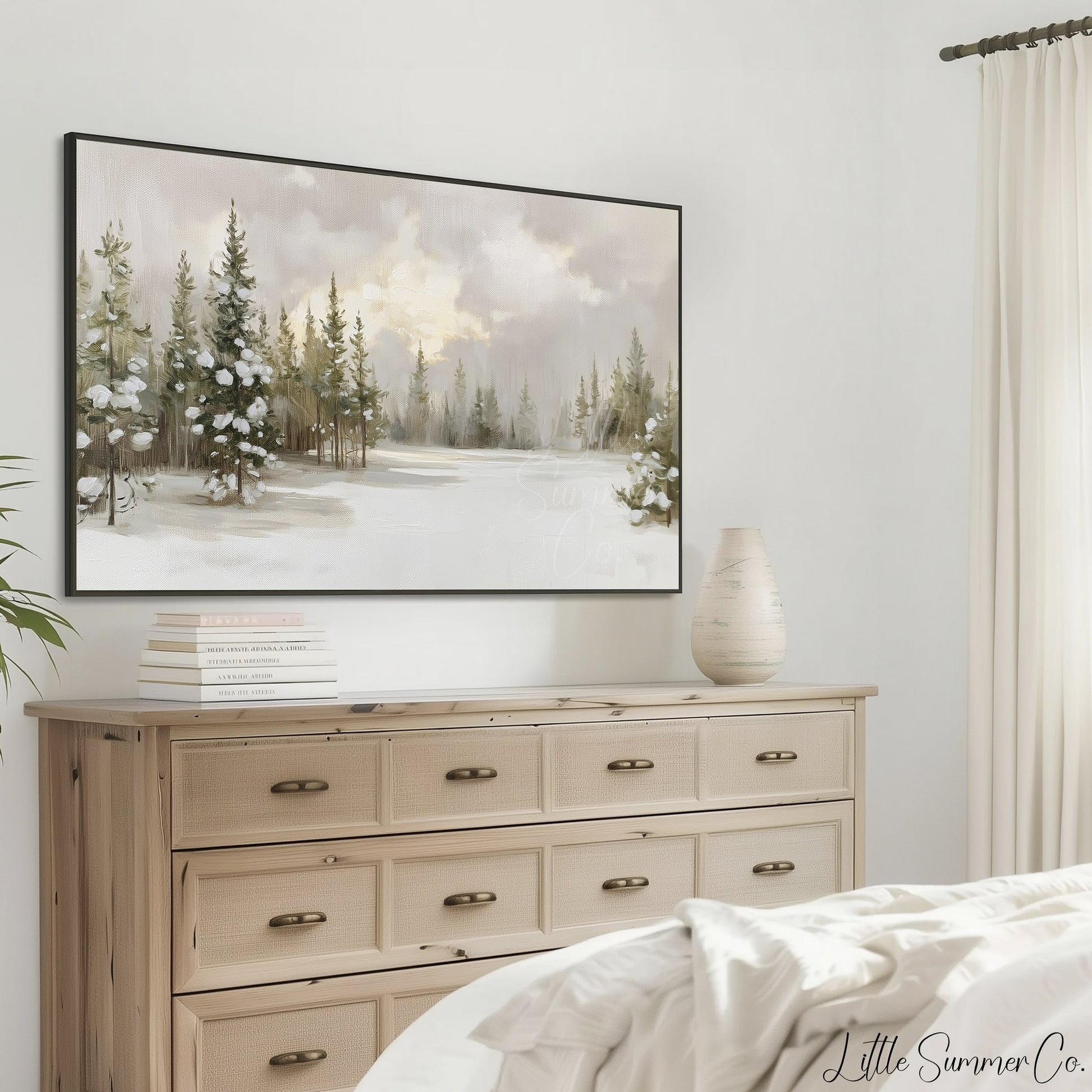 Snow Covered Pine Forest Frame TV Art displayed on a TV