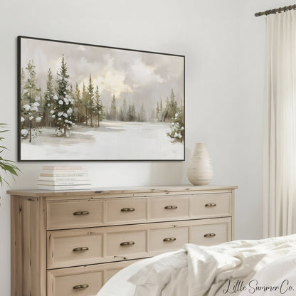 Snow Covered Pine Forest Frame TV Art displayed on a TV