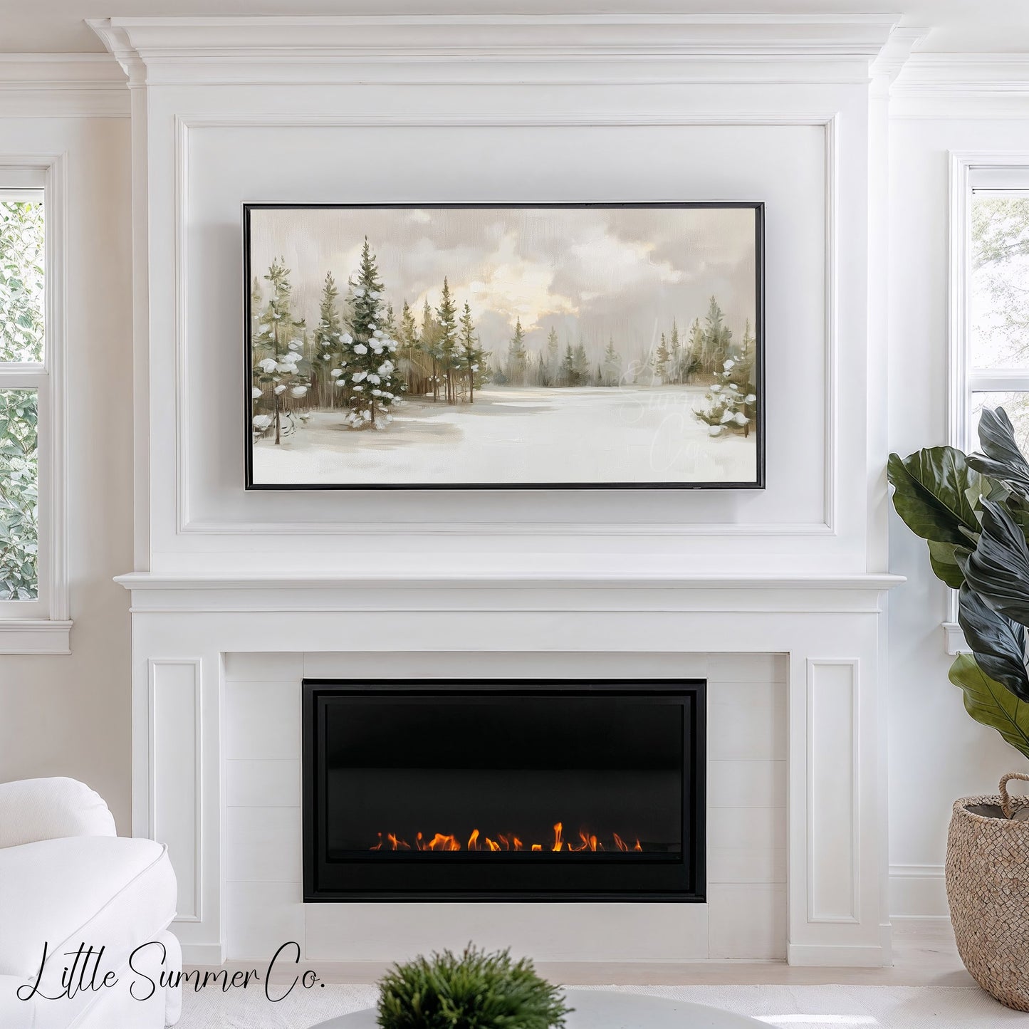 Snow Covered Pine Forest Frame TV Art displayed on a TV