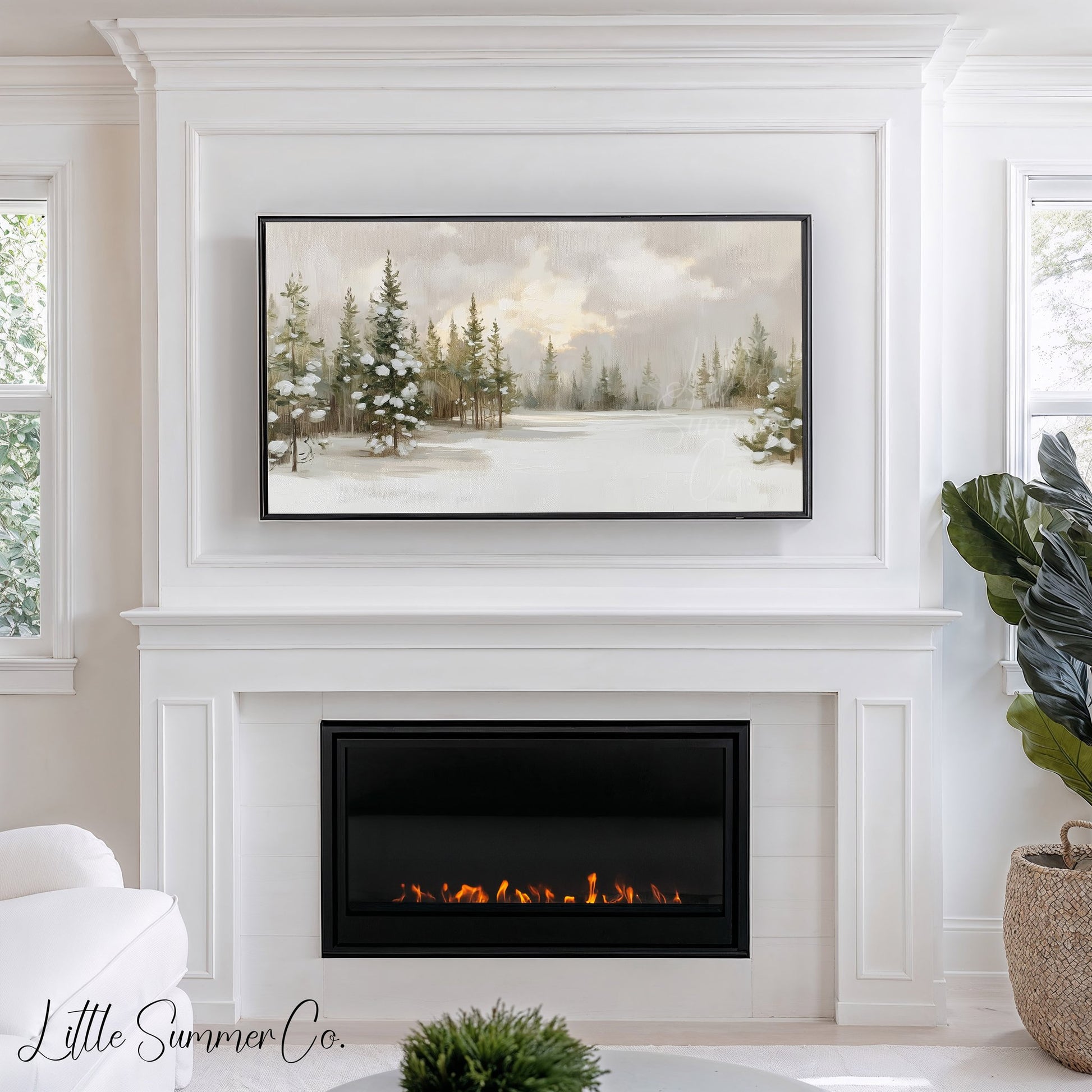 Snow Covered Pine Forest Frame TV Art displayed on a TV