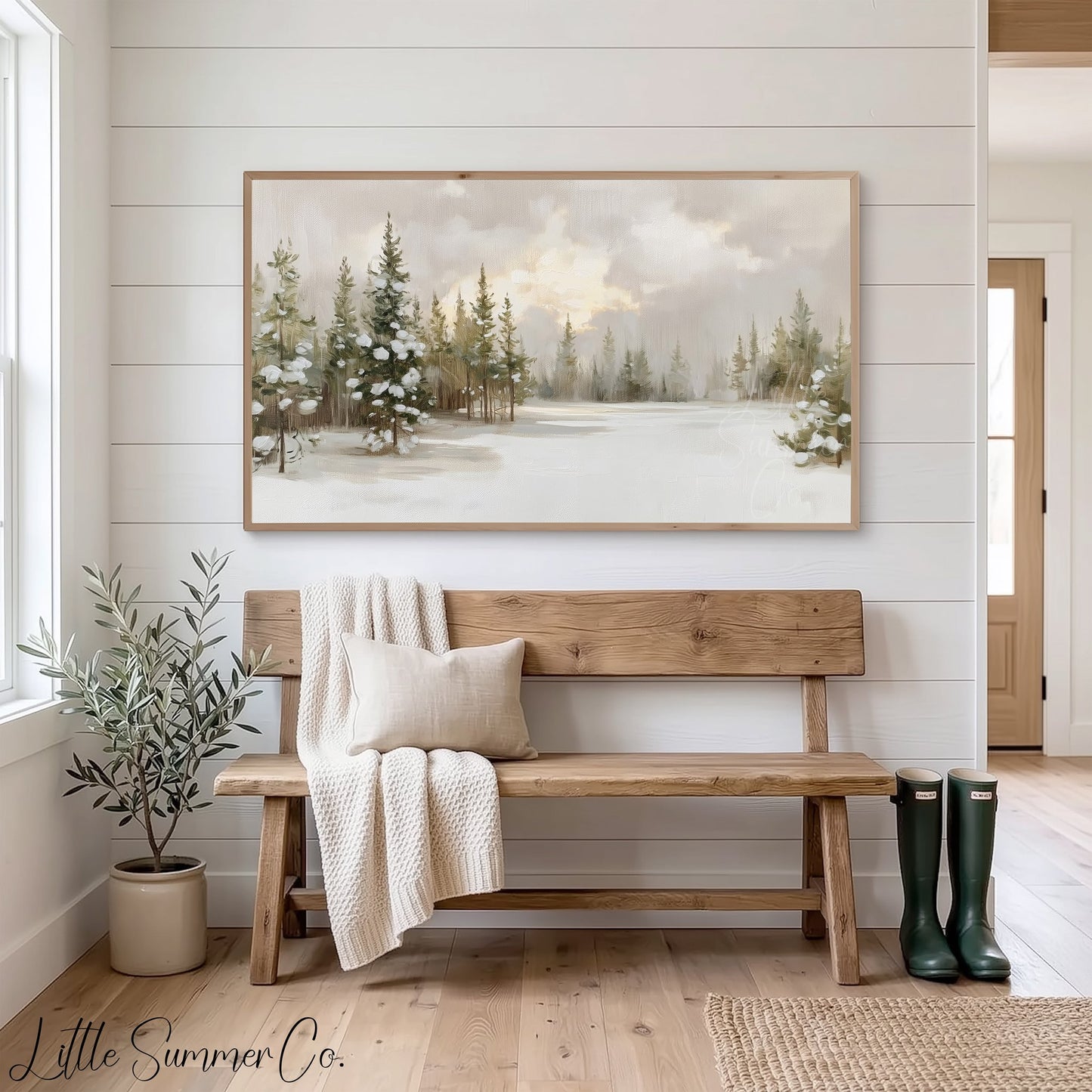 Snow Covered Pine Forest Frame TV Art displayed on a TV
