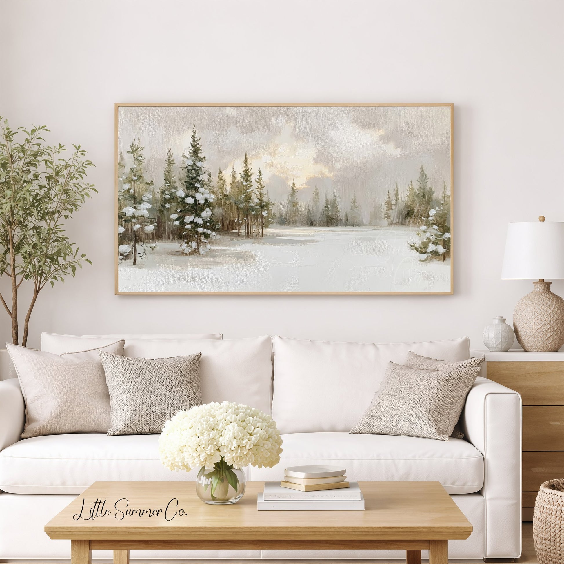 Snow Covered Pine Forest Frame TV Art displayed on a TV