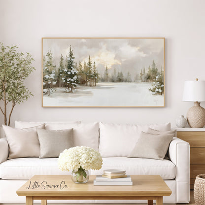 Snow Covered Pine Forest Frame TV Art displayed on a TV