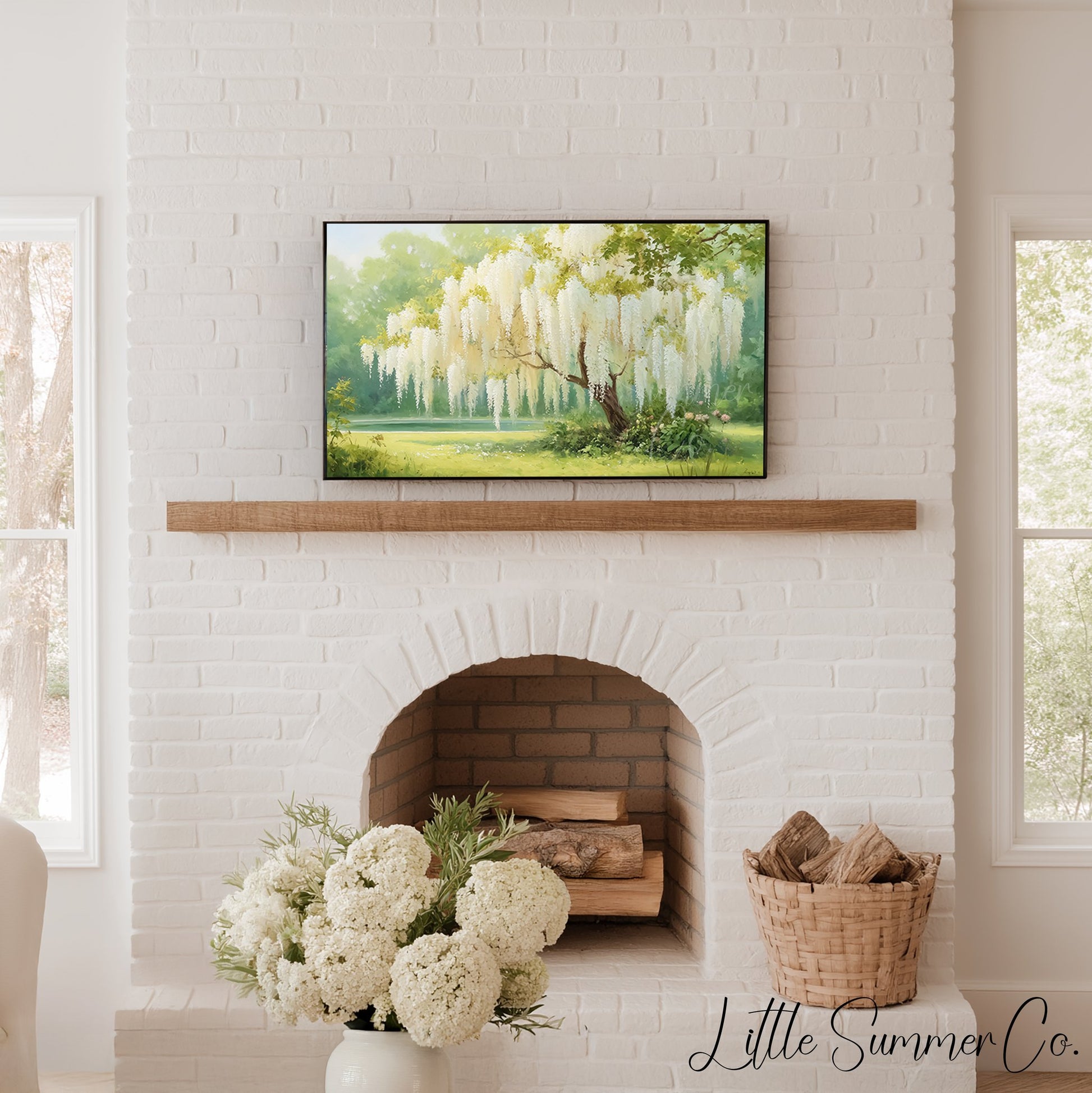 White Wisteria Garden Tree Frame TV Art displayed on a TV