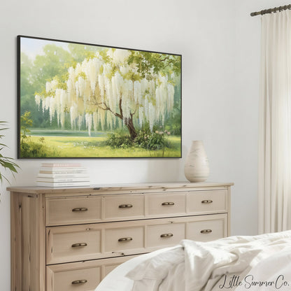 White Wisteria Garden Tree Frame TV Art displayed on a TV