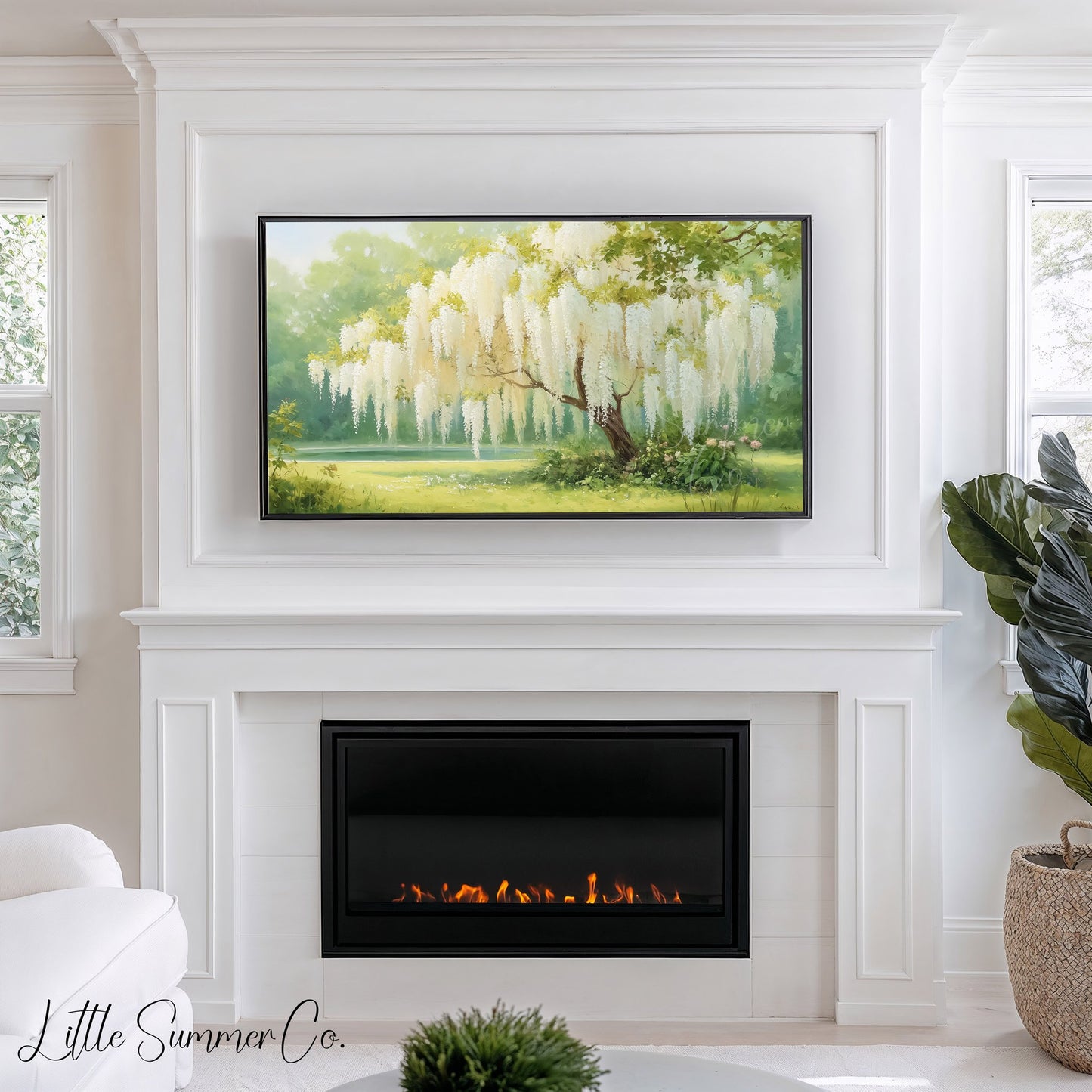 White Wisteria Garden Tree Frame TV Art displayed on a TV