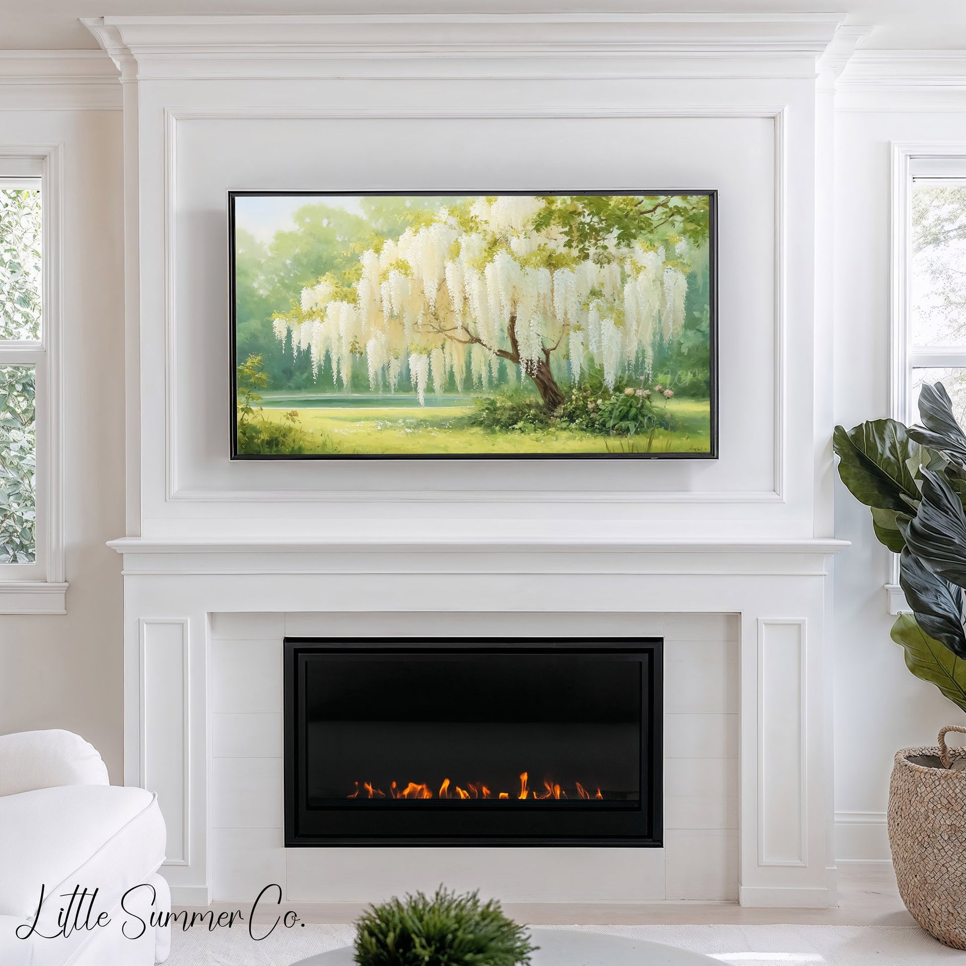 White Wisteria Garden Tree Frame TV Art displayed on a TV