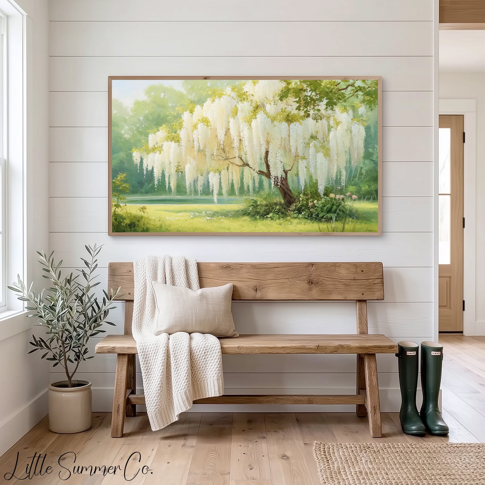 White Wisteria Garden Tree Frame TV Art displayed on a TV
