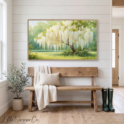 White Wisteria Garden Tree Frame TV Art displayed on a TV