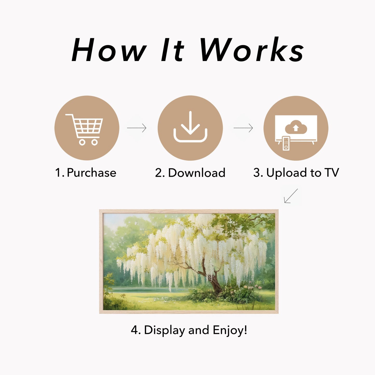 White Wisteria Garden Tree Frame TV Art displayed on a TV