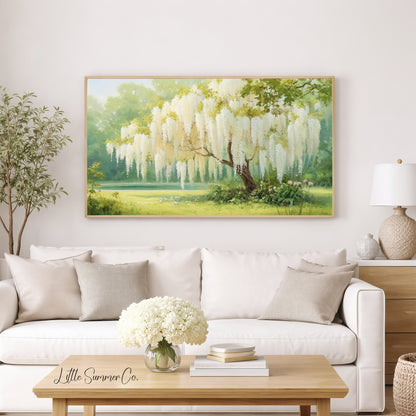 White Wisteria Garden Tree Frame TV Art displayed on a TV
