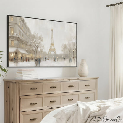 Eiffel Tower Winter Street Frame TV Art displayed on a TV