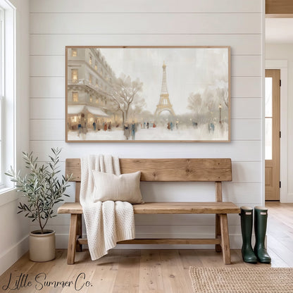 Eiffel Tower Winter Street Frame TV Art displayed on a TV