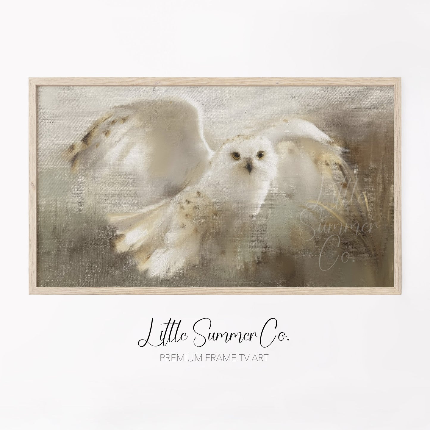 Snowy Owl in Flight Frame TV Art displayed on a TV