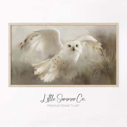 Snowy Owl in Flight Frame TV Art displayed on a TV