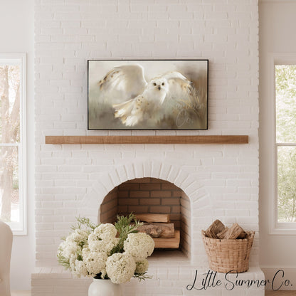 Snowy Owl in Flight Frame TV Art displayed on a TV