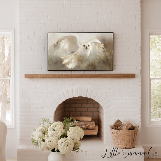 Snowy Owl in Flight Frame TV Art displayed on a TV