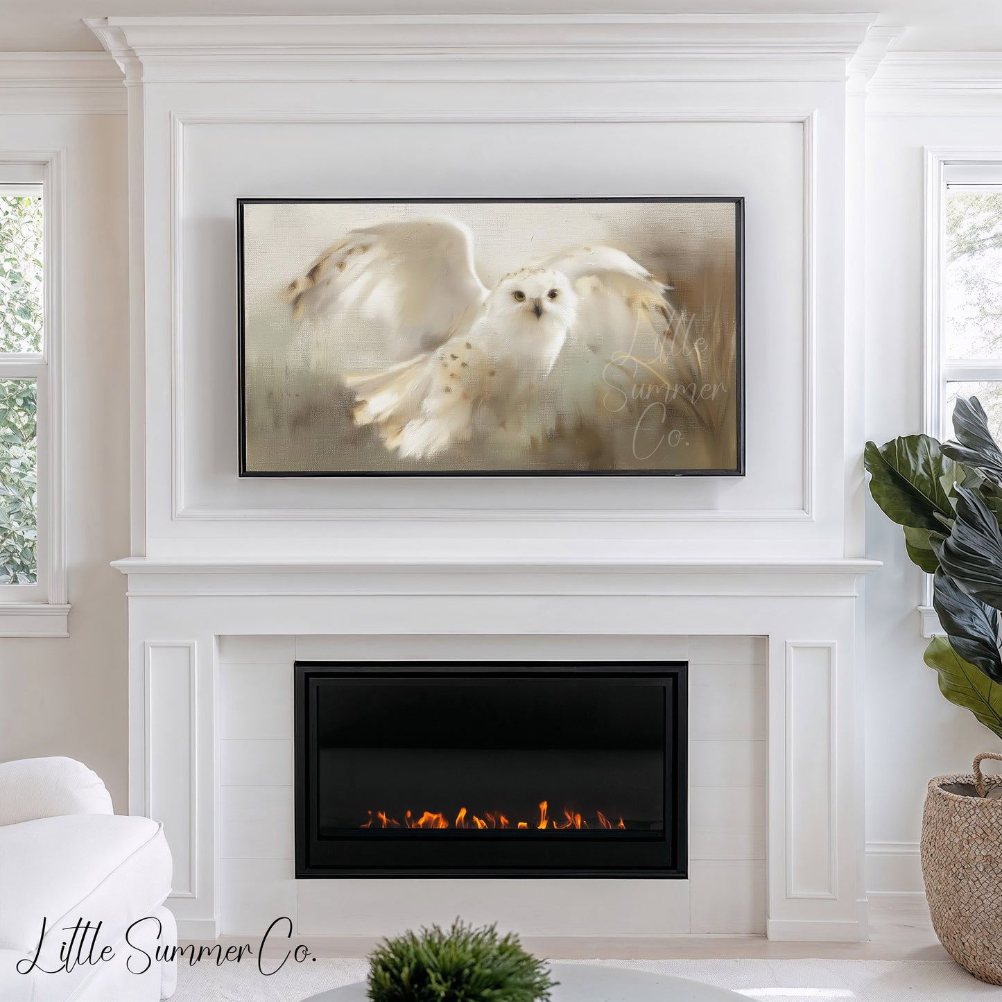 Snowy Owl in Flight Frame TV Art displayed on a TV