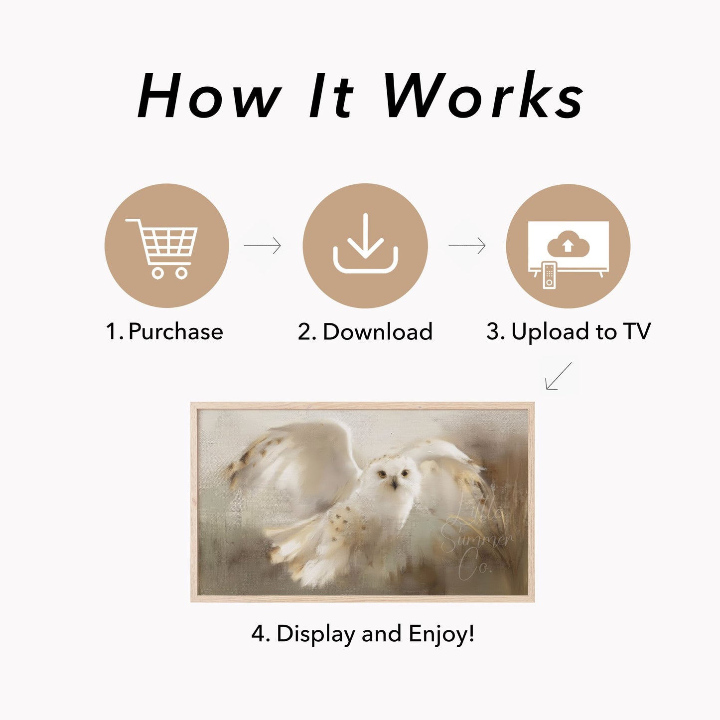 Snowy Owl in Flight Frame TV Art displayed on a TV