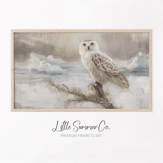 Snowy Owl on Branch Frame TV Art displayed on a TV