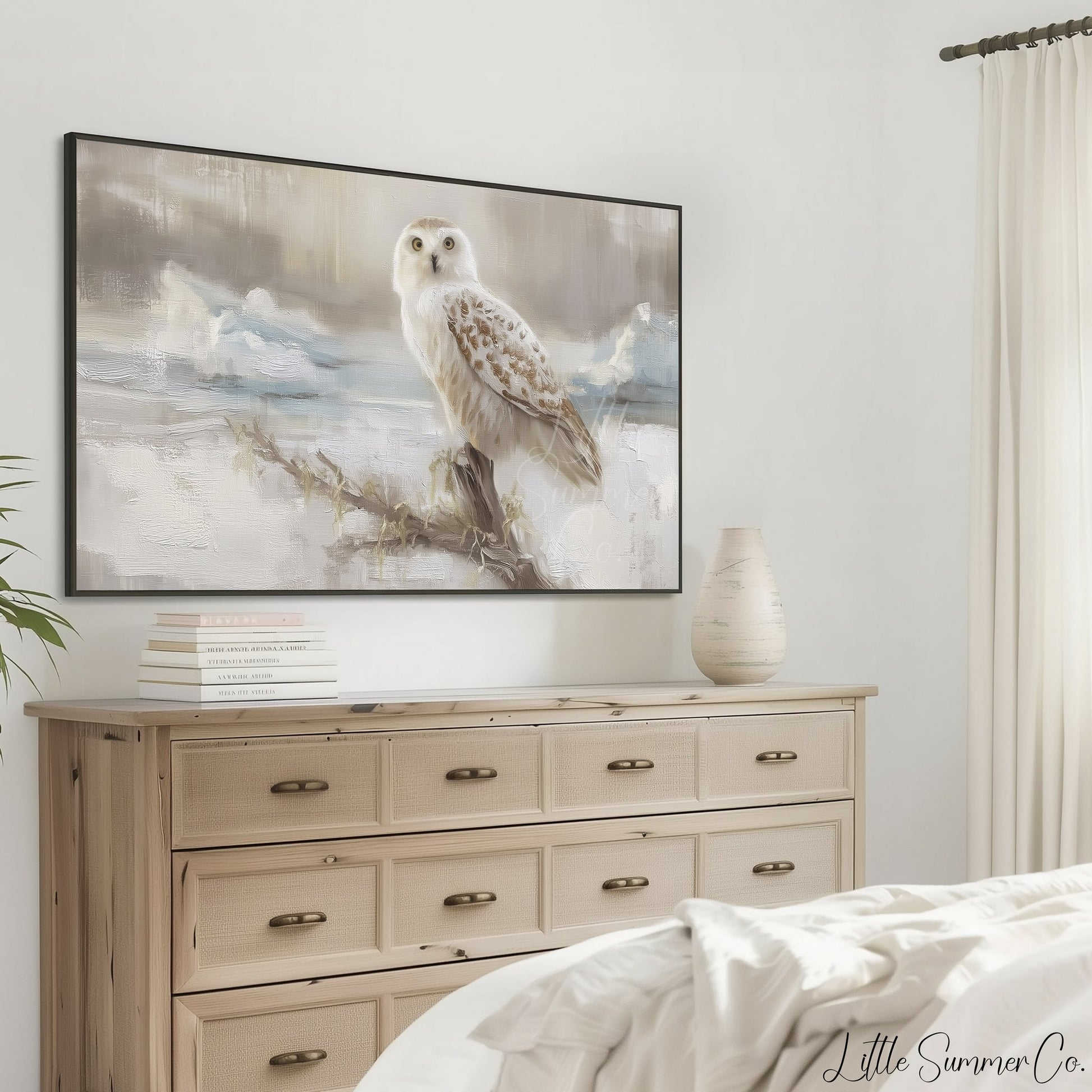Snowy Owl on Branch Frame TV Art displayed on a TV