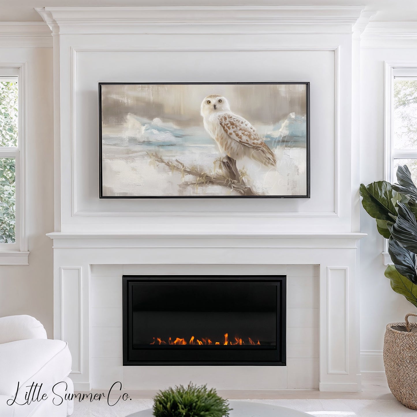 Snowy Owl on Branch Frame TV Art displayed on a TV