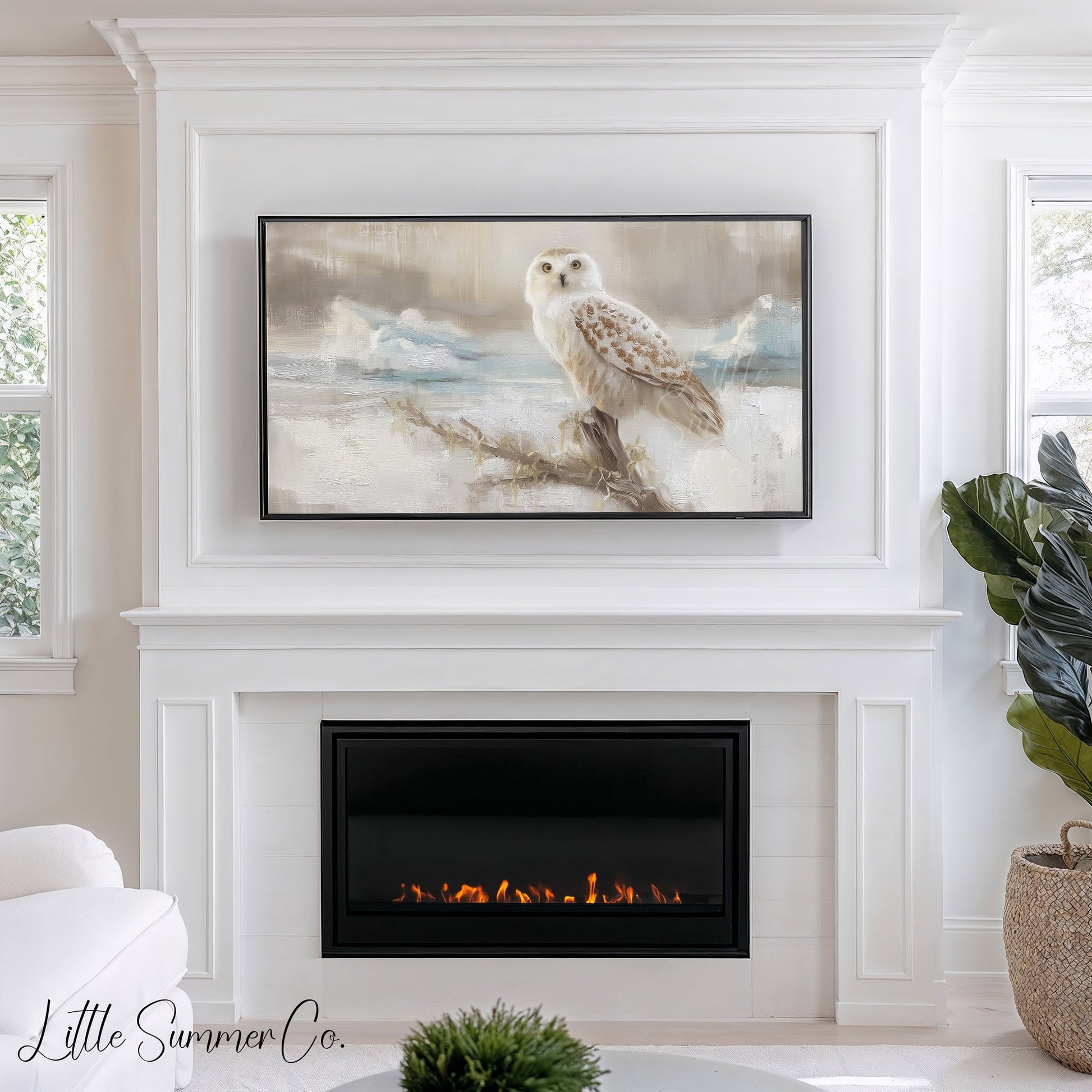 Snowy Owl on Branch Frame TV Art displayed on a TV