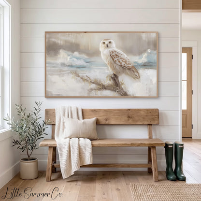 Snowy Owl on Branch Frame TV Art displayed on a TV
