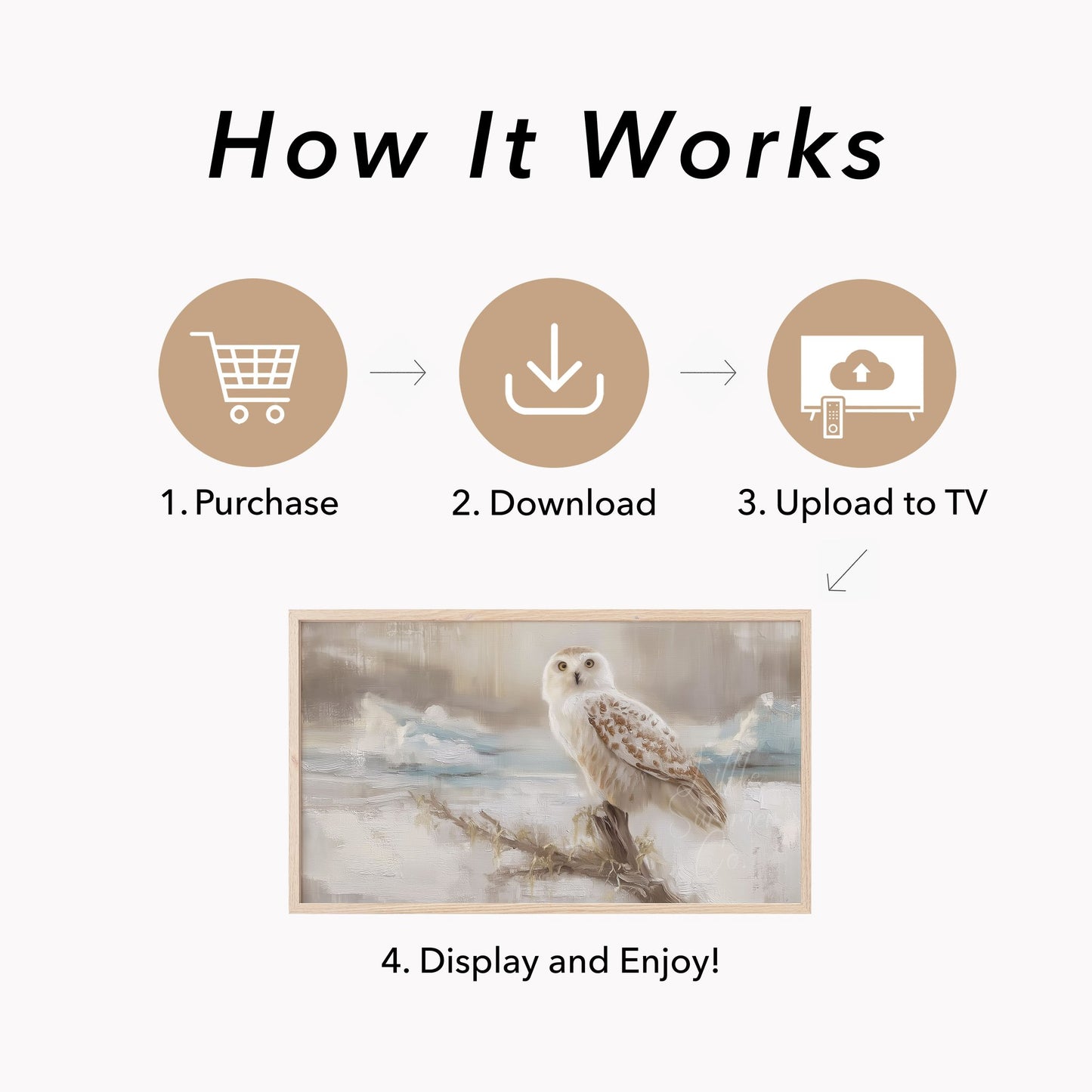 Snowy Owl on Branch Frame TV Art displayed on a TV