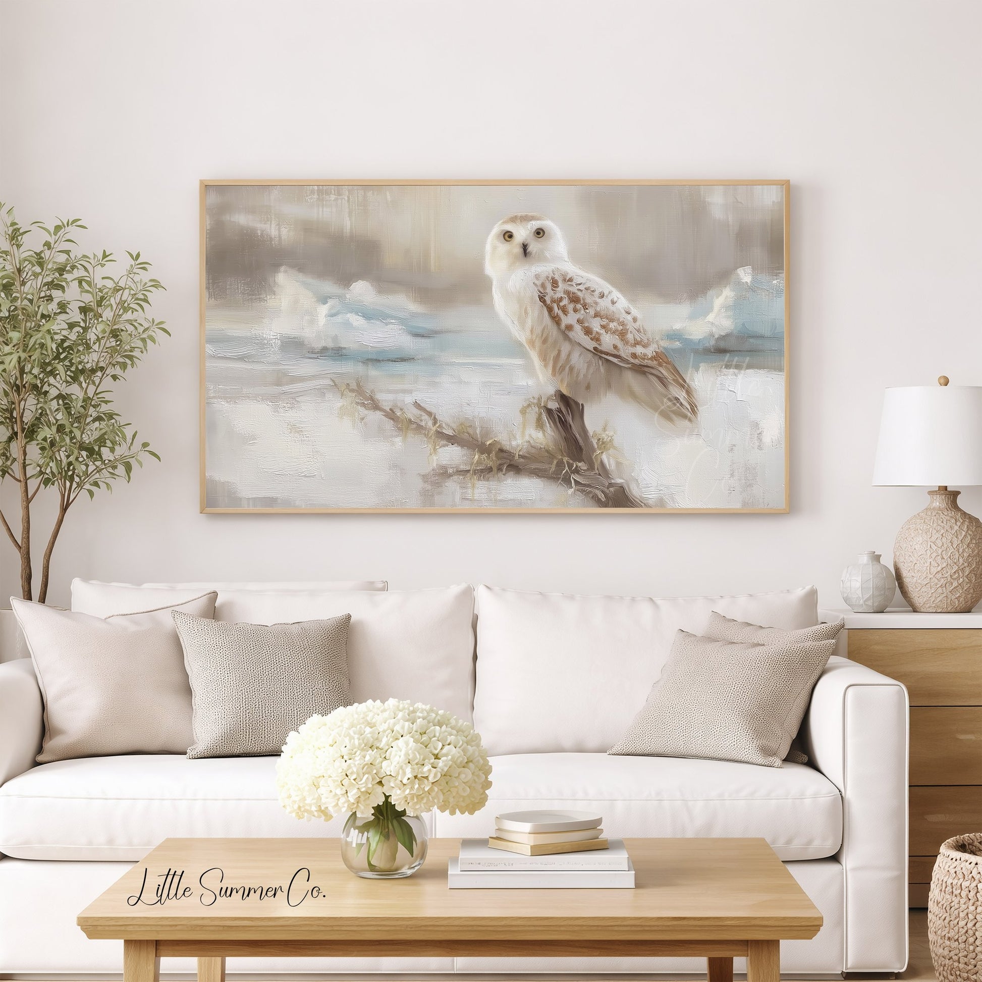 Snowy Owl on Branch Frame TV Art displayed on a TV