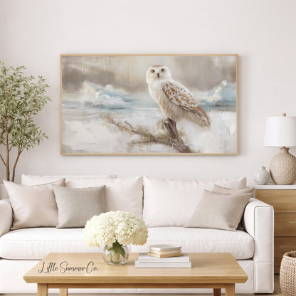 Snowy Owl on Branch Frame TV Art displayed on a TV