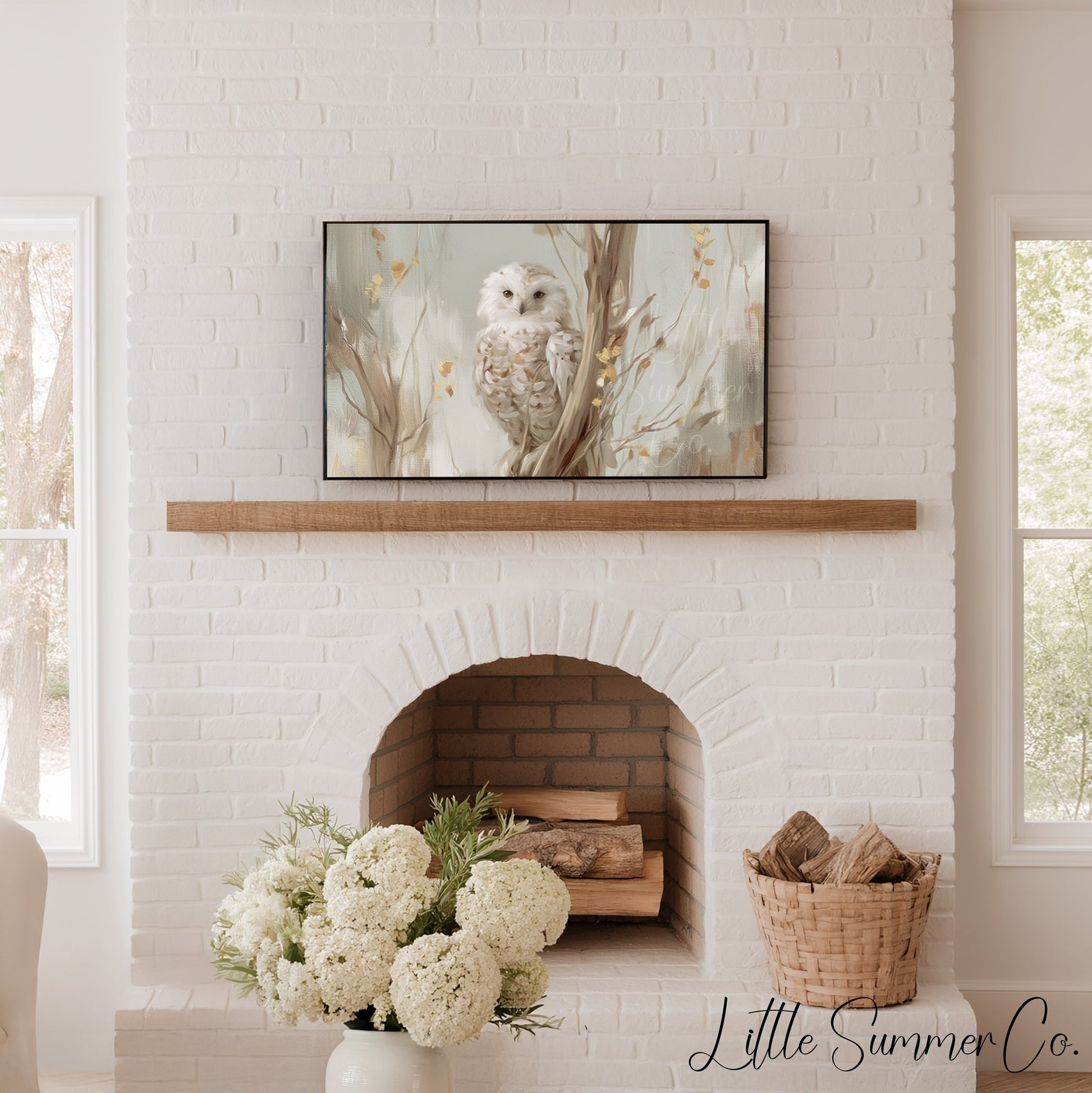 White Owl Tree Branch Frame TV Art displayed on a TV
