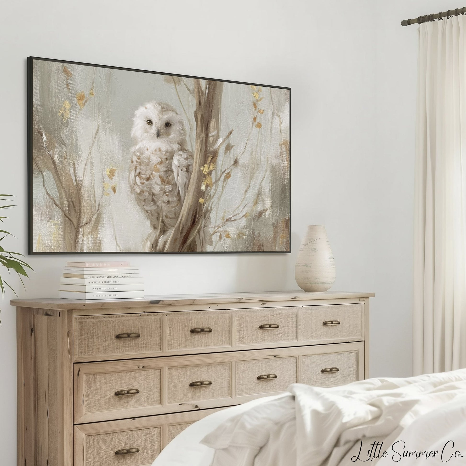 White Owl Tree Branch Frame TV Art displayed on a TV